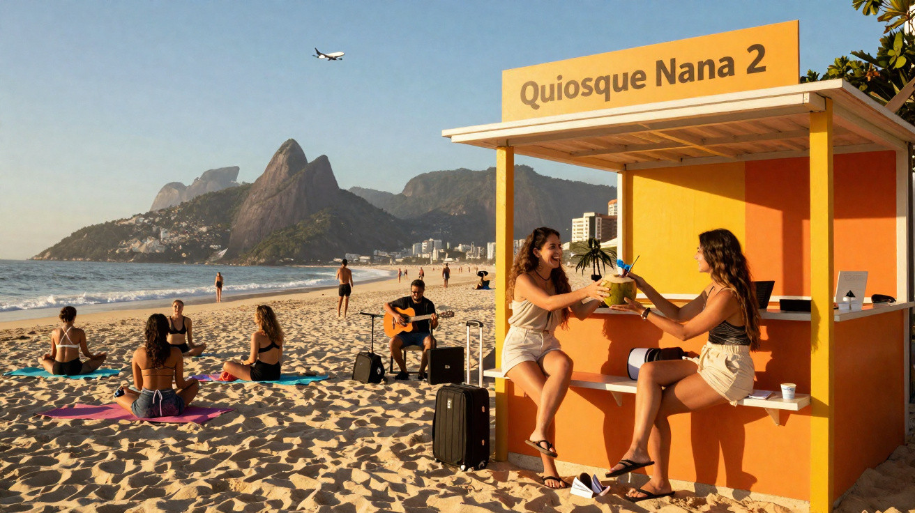 Praia com quiosque, pessoas relaxando na areia e homem tocando violão ao pôr do sol no Rio de Janeiro.