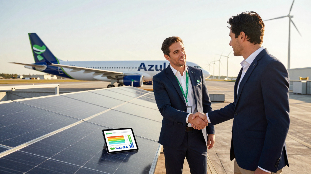 Dois homens de terno apertam as mãos ao lado de painéis solares com avião da Azul e turbinas eólicas ao fundo.