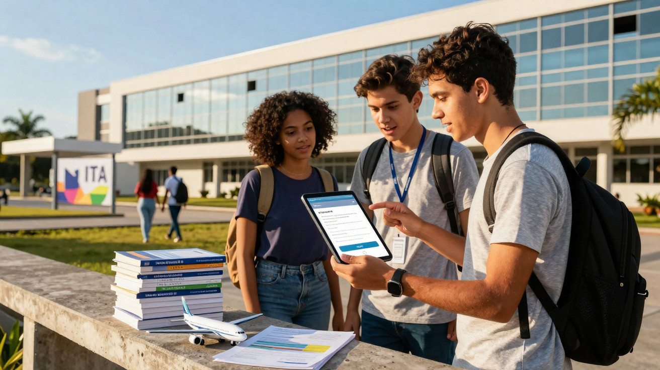 Três estudantes em área externa da universidade olhando para tablet com livros e maquete de avião sobre banco de concreto.