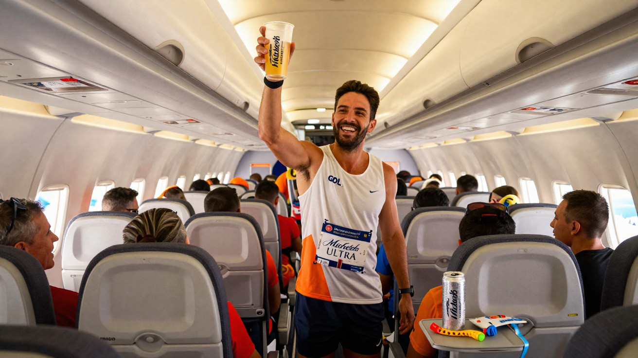 Homem sorridente em corredor de avião levantando copo de bebida em meio a passageiros sentados.