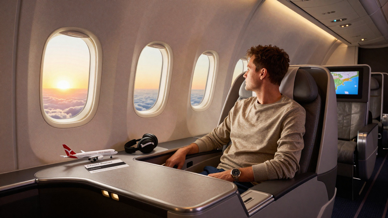 Homem sentado na poltrona executiva de avião observando o pôr do sol pelas janelas.
