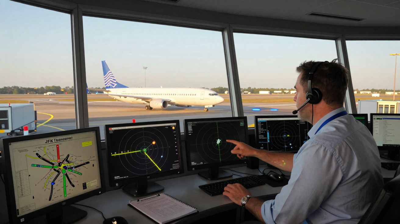 Controlador aéreo monitora radares em torre de aeroporto com avião estacionado na pista ao fundo.