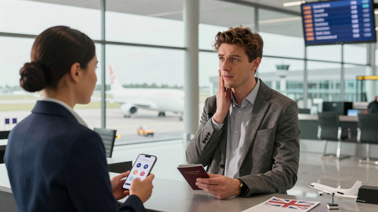 Homem com passaporte e expressão preocupada conversa com atendente em balcão de aeroporto.