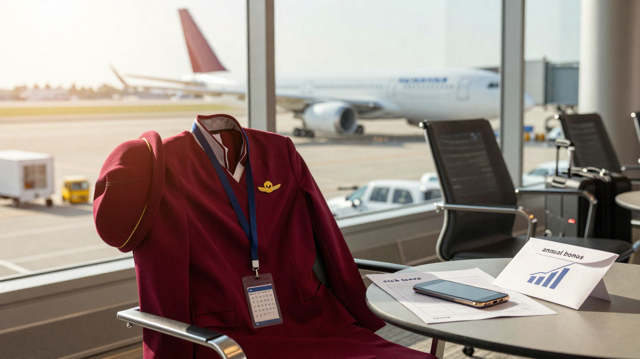 Uniforme da tripulação aérea em uma cadeira perto de janela com avião no aeroporto ao fundo.