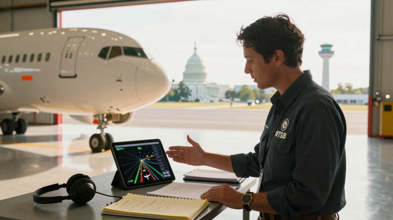Homem em uniforme NTSB analisa dados de voo em tablet próximo a avião dentro de hangar.