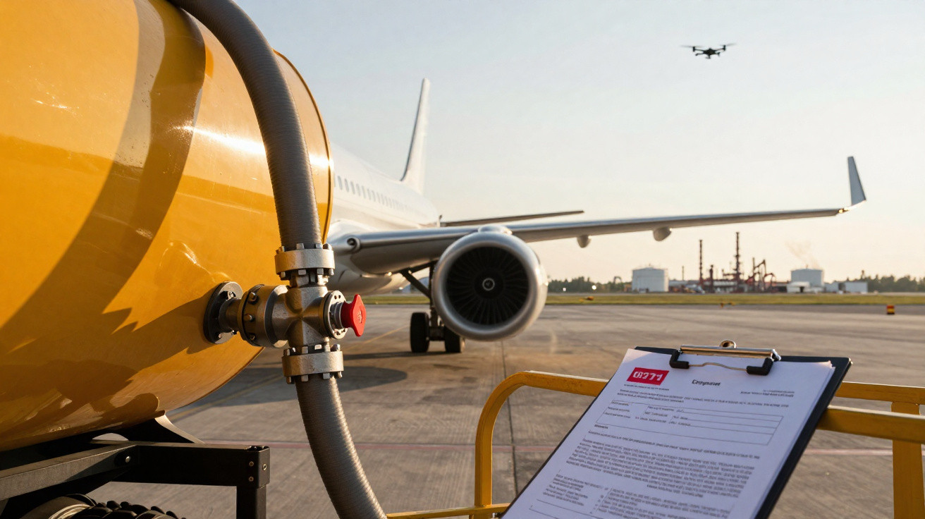 Tanque amarelo, documento em prancheta e avião estacionado em pista com drone sobrevoando ao fundo.