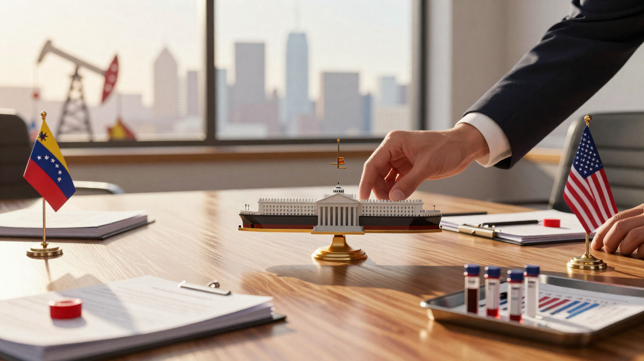 Pessoa ajusta miniatura branca de prédio governamental em mesa com bandeiras do Brasil e dos EUA.