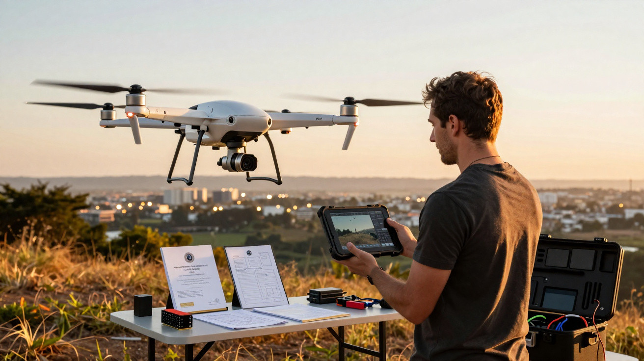 Homem operando drone branco em campo aberto ao pôr do sol com equipamentos sobre mesa portátil.