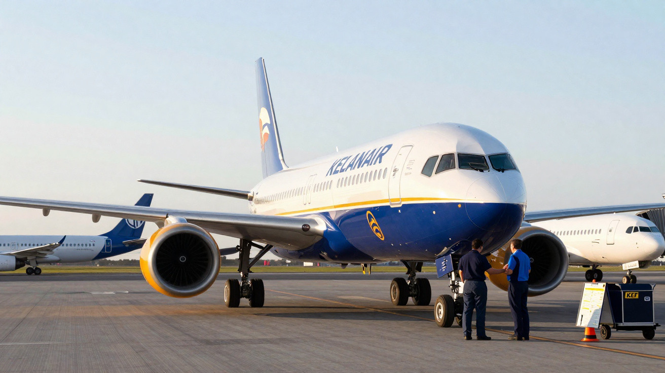 Avião da Kelanair parado no aeroporto com duas pessoas verificando documentação ao lado.
