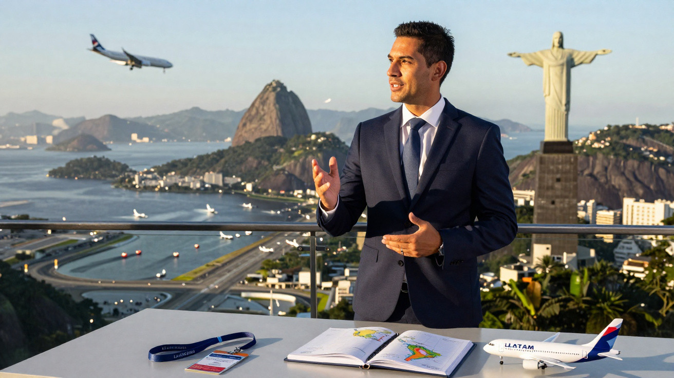 Homem de terno em mesa com maquete de avião e vista do Cristo Redentor e Pão de Açúcar no Rio de Janeiro.