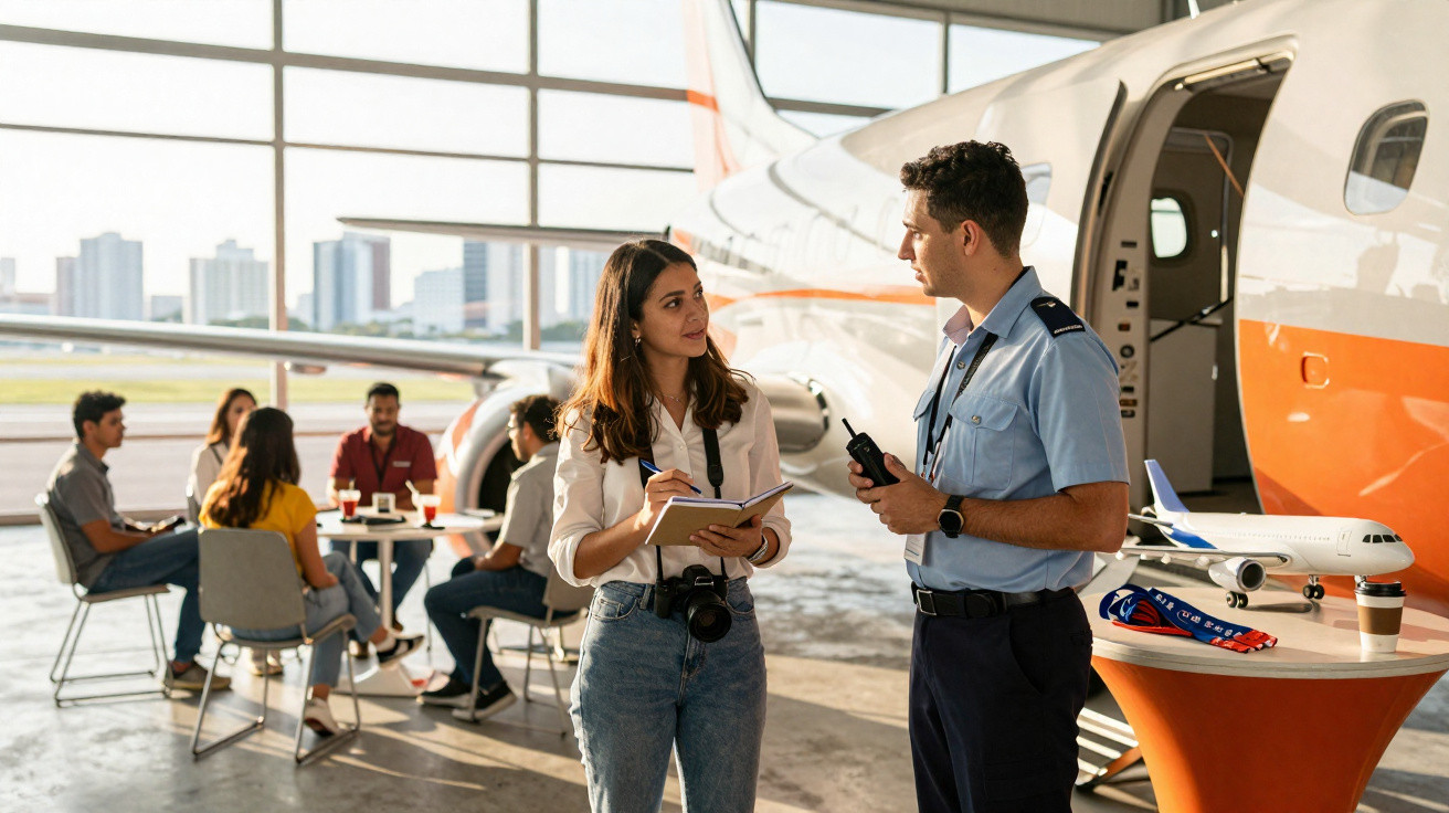Jovem entrevista piloto ao lado de avião privado em hangar com grupo de pessoas ao fundo conversando.
