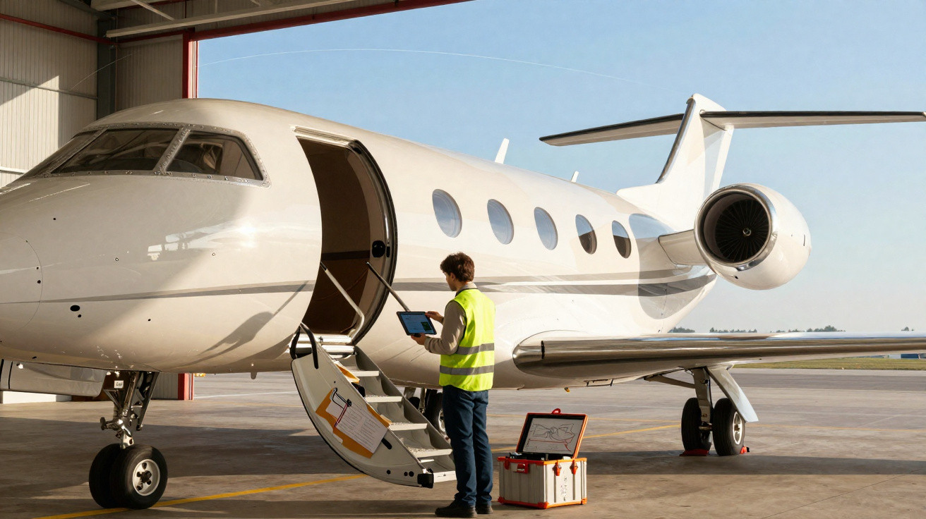 Aeronave particular branca com escada aberta e técnico com colete refletivo conferindo tablet no hangar.