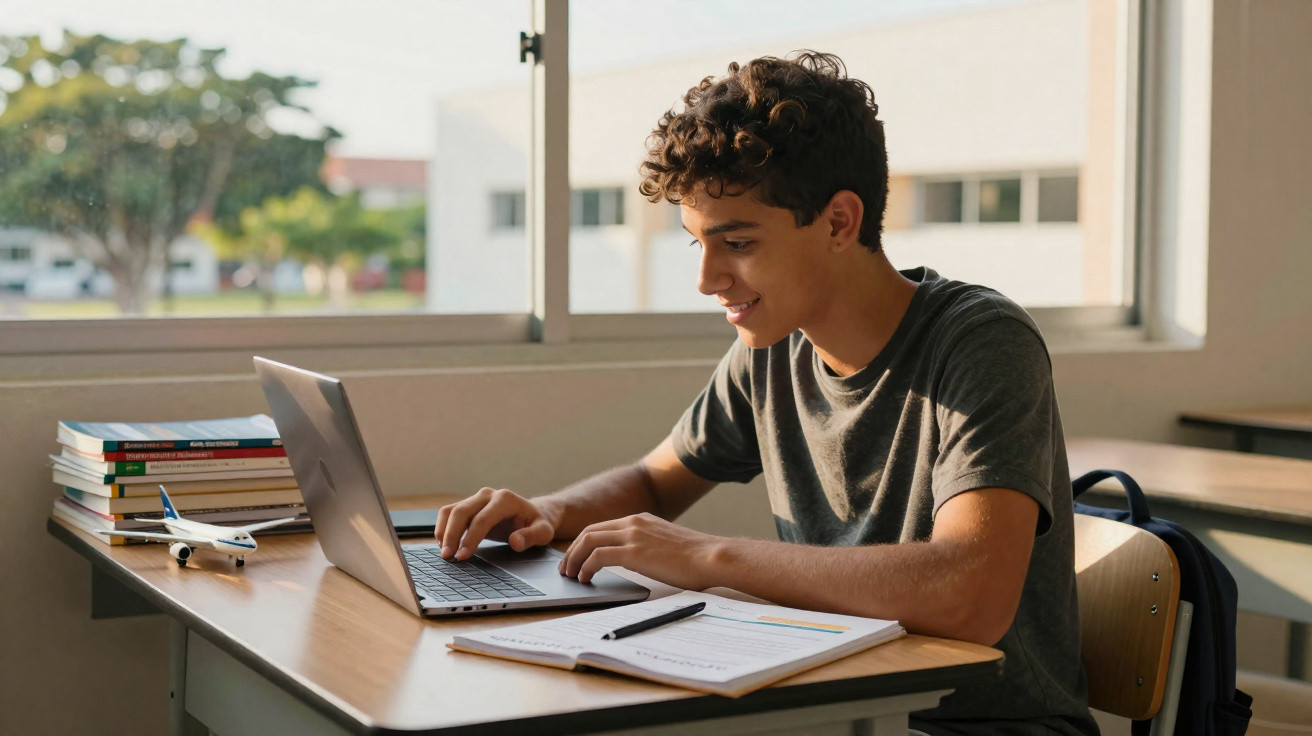 Jovem estudando em sala de aula com notebook, caderno aberto e livros empilhados na mesa.