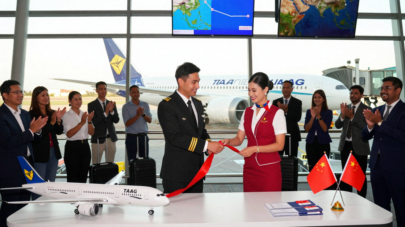 Equipe de aviação celebrando inauguração com corte de fita e modelo de avião no aeroporto.