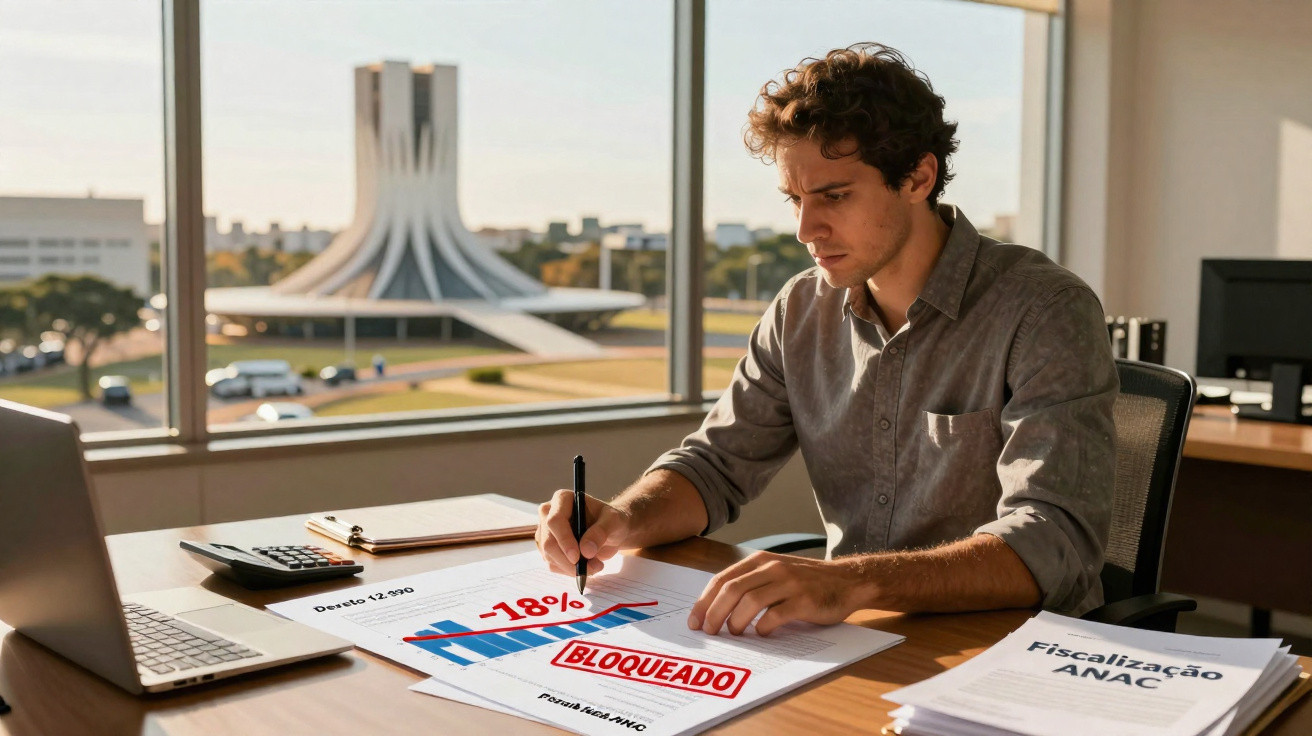 Homem analisa documentos com gráficos e selo "bloqueado" em escritório com vista para prédio moderno.