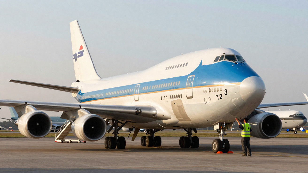 Avião comercial branco e azul estacionado no aeroporto com funcionário sinalizando próximo à roda dianteira.