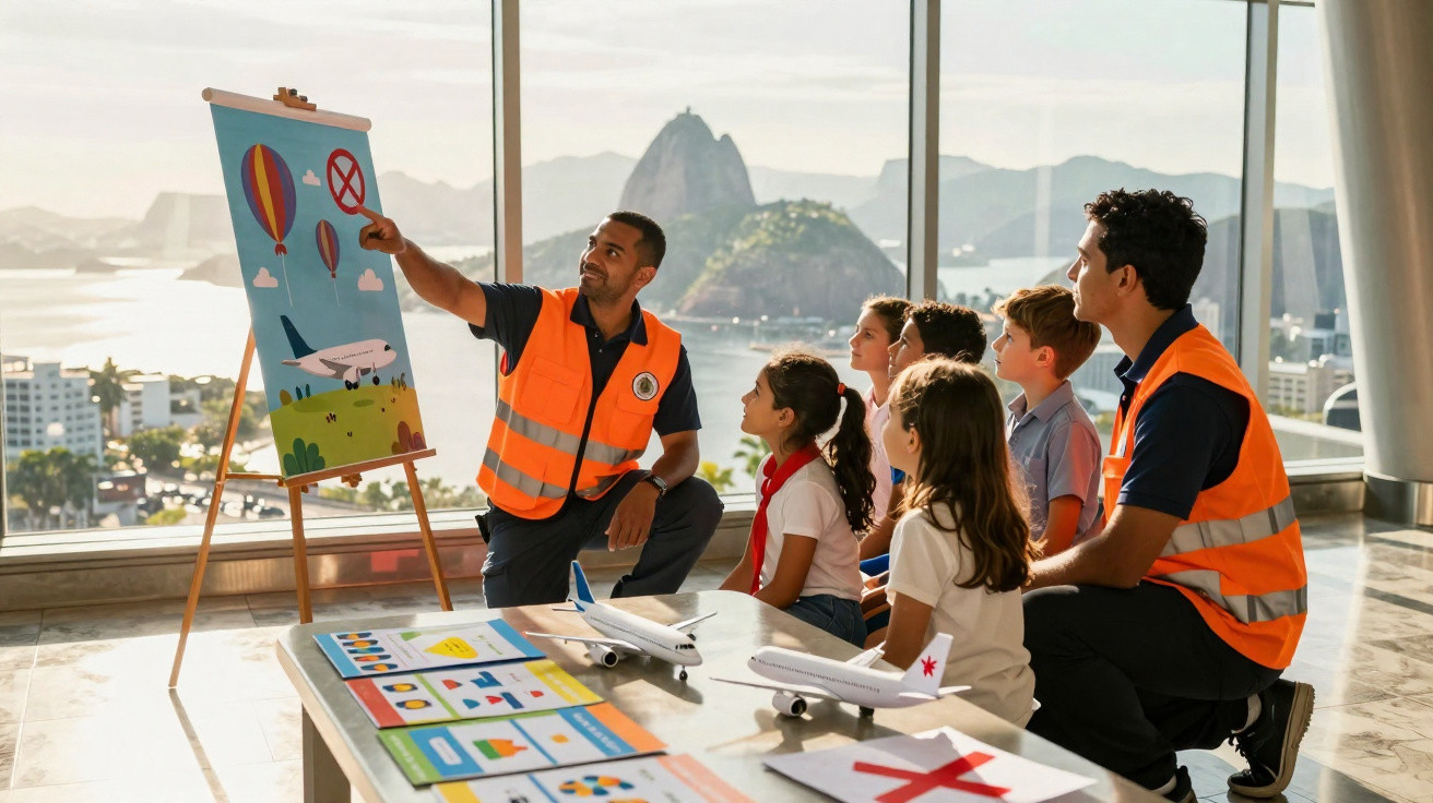 Homem com colete laranja explica segurança aérea para crianças em sala com vista do Pão de Açúcar, Rio de Janeiro.