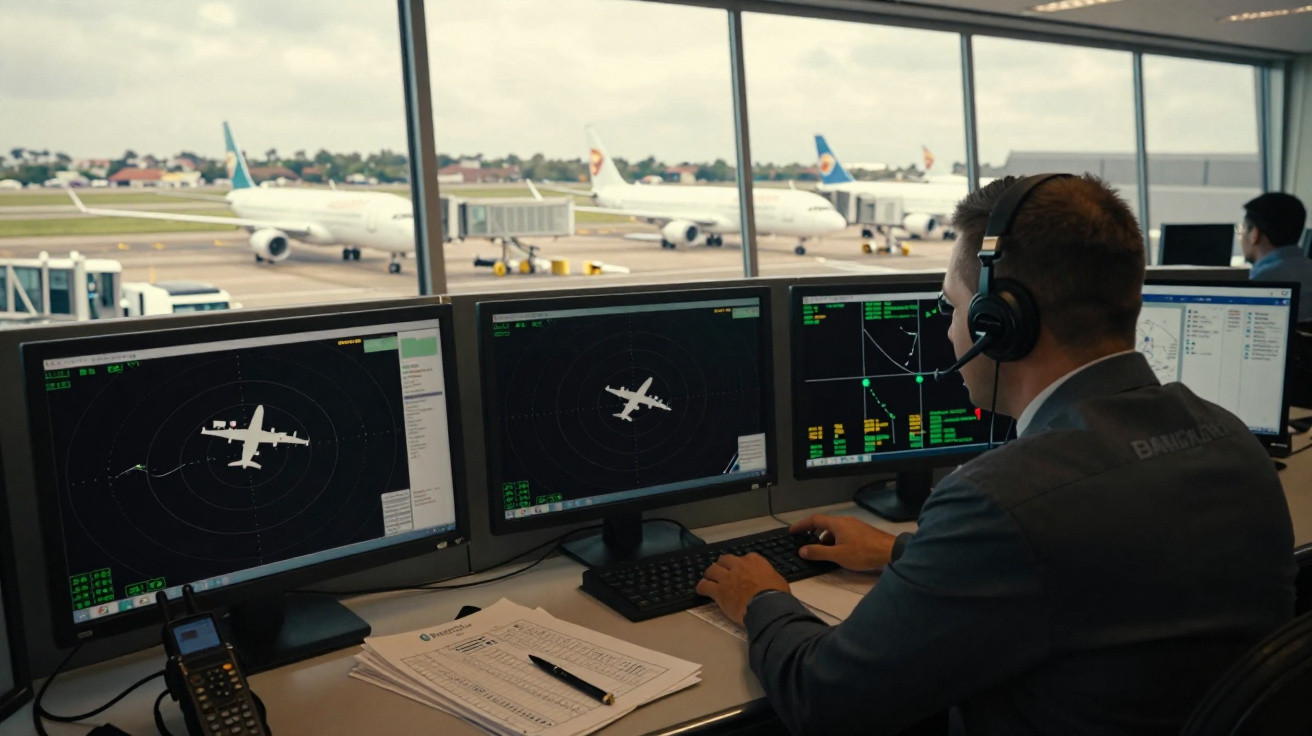 Controlador de tráfego aéreo monitorando aviões em telas com rádio e fones em torre de aeroporto.