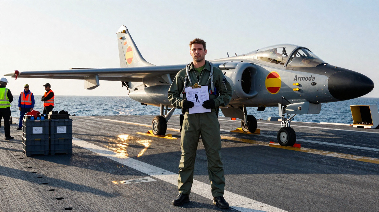 Piloto em traje verde em convés de porta-aviões com avião militar cinza ao fundo e mar ao horizonte.