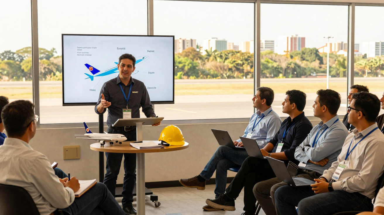 Homem apresenta planejamento de voo a grupo sentado, em sala com janela grande e vista para cidade.