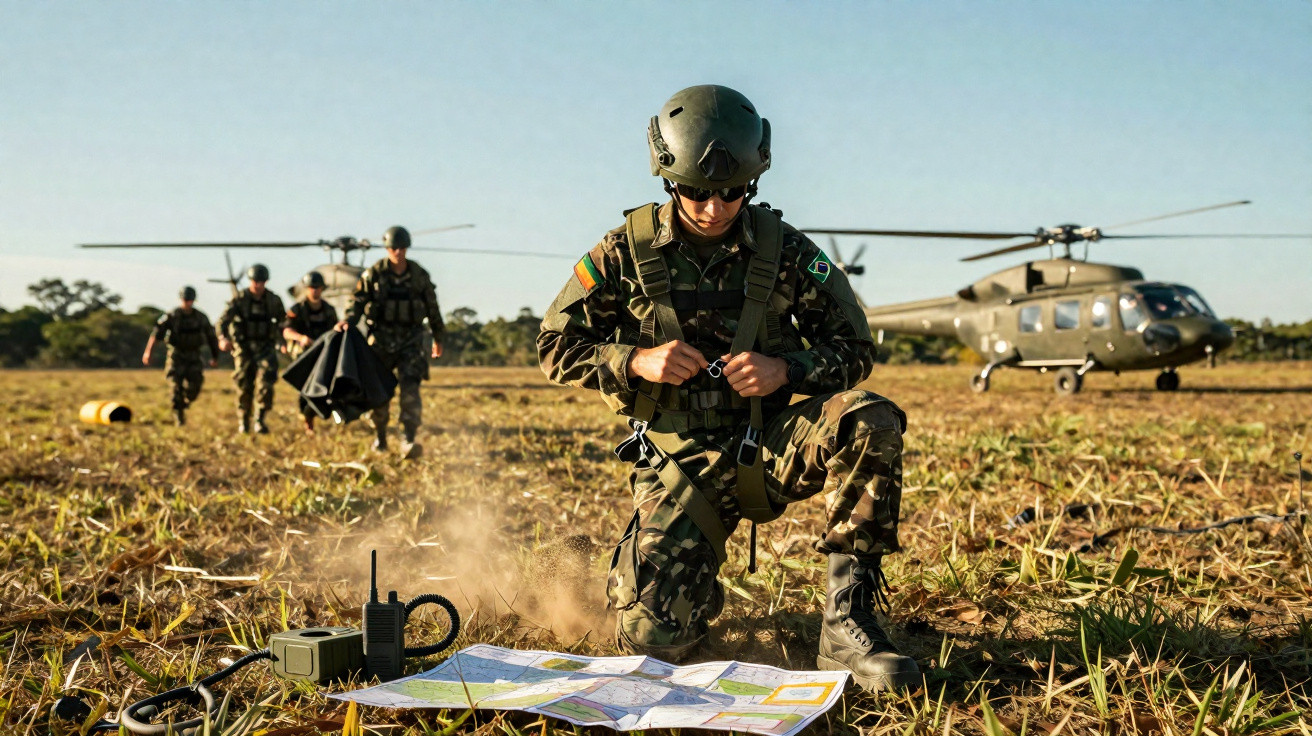 Soldado brasileiro ajoelhado revisando mapa em campo aberto com helicópteros e colegas ao fundo.