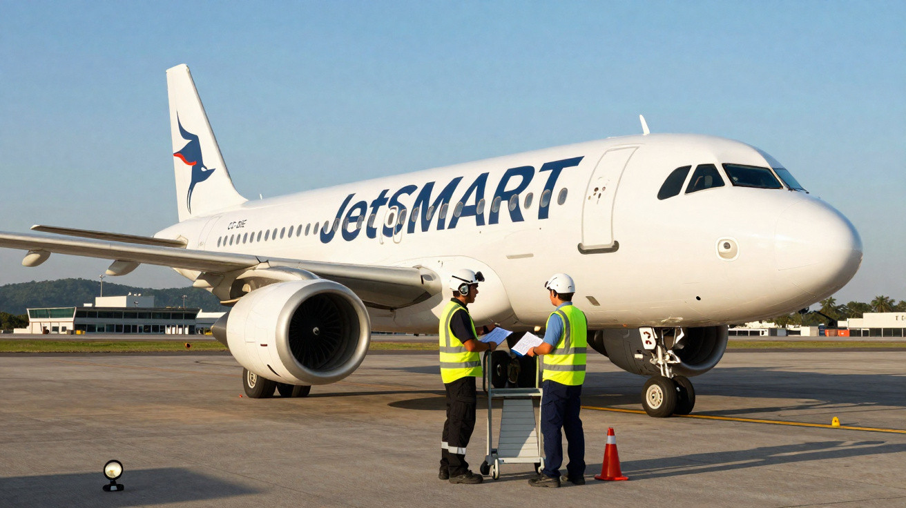 Avião branco da JetSMART estacionado com dois funcionários de segurança conversando na pista.
