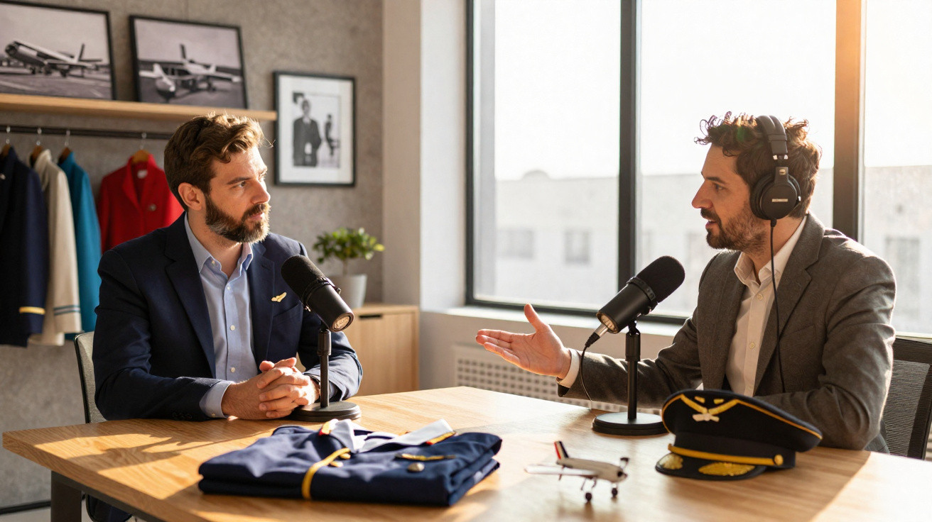 Dois homens conversando em podcast sobre aviação, com fardas, boné e miniatura de avião na mesa.