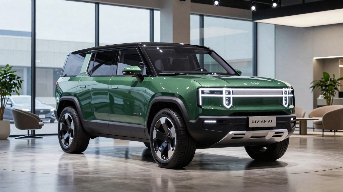 Carro elétrico SUV verde modelo Rivian A1 em exposição em ambiente interno moderno.