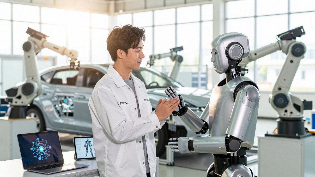 Jovem cientista interage com robô humanoide em laboratório tecnológico com carros e braços robóticos ao fundo.