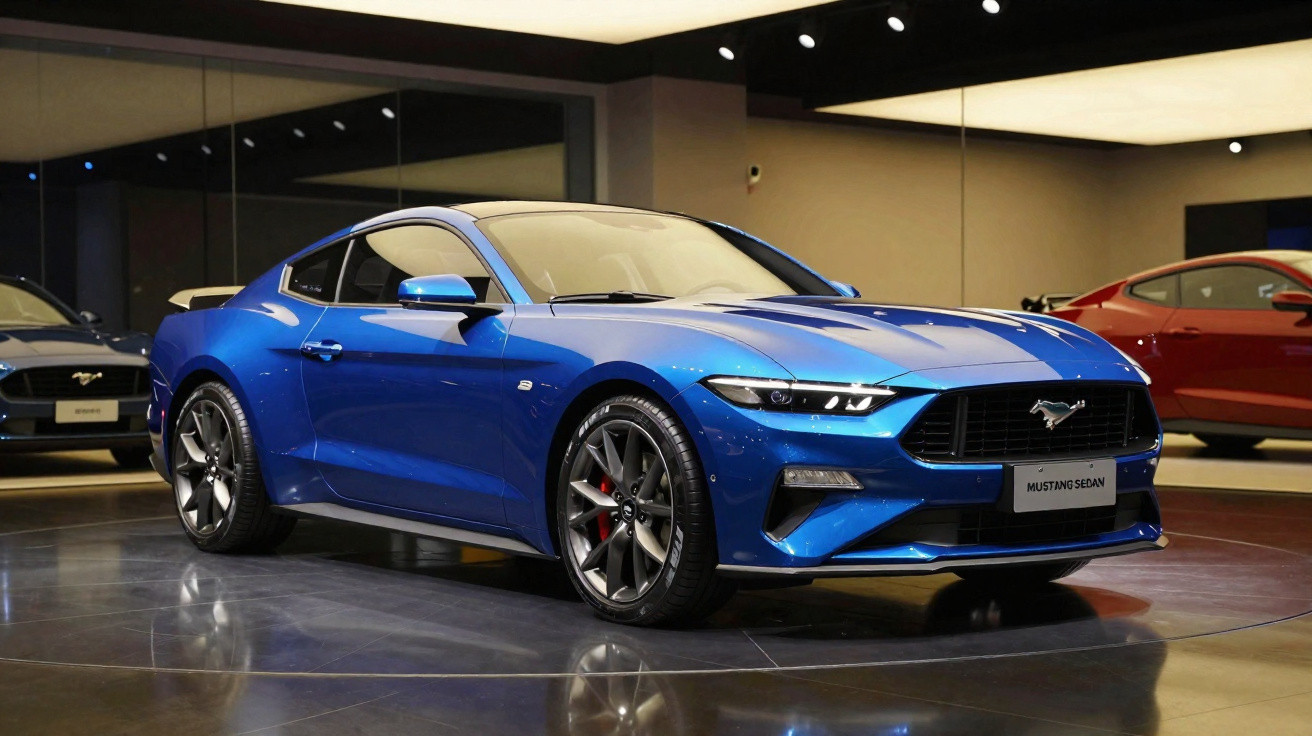 Carro esportivo Ford Mustang azul em exposição com pintura brilhante e rodas pretas detalhadas.
