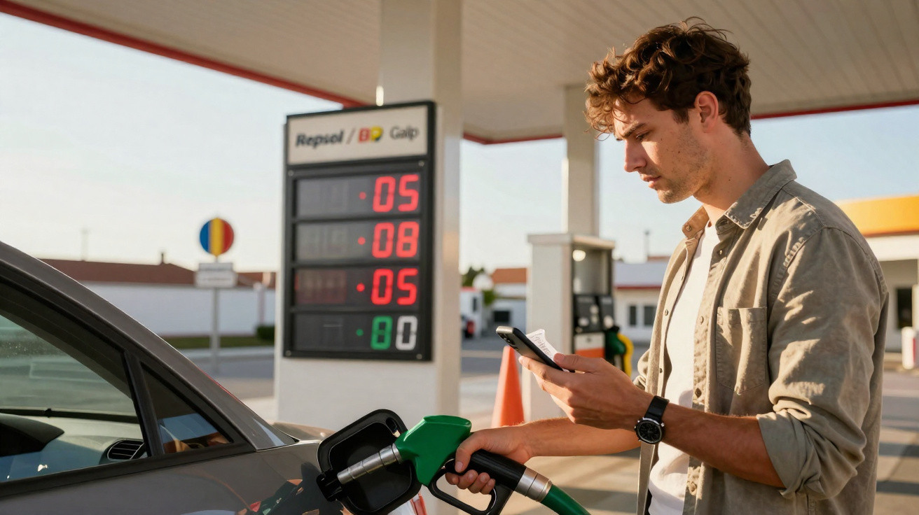 Homem abastecendo carro em posto de combustível segurando telefone celular e bomba de gasolina verde.