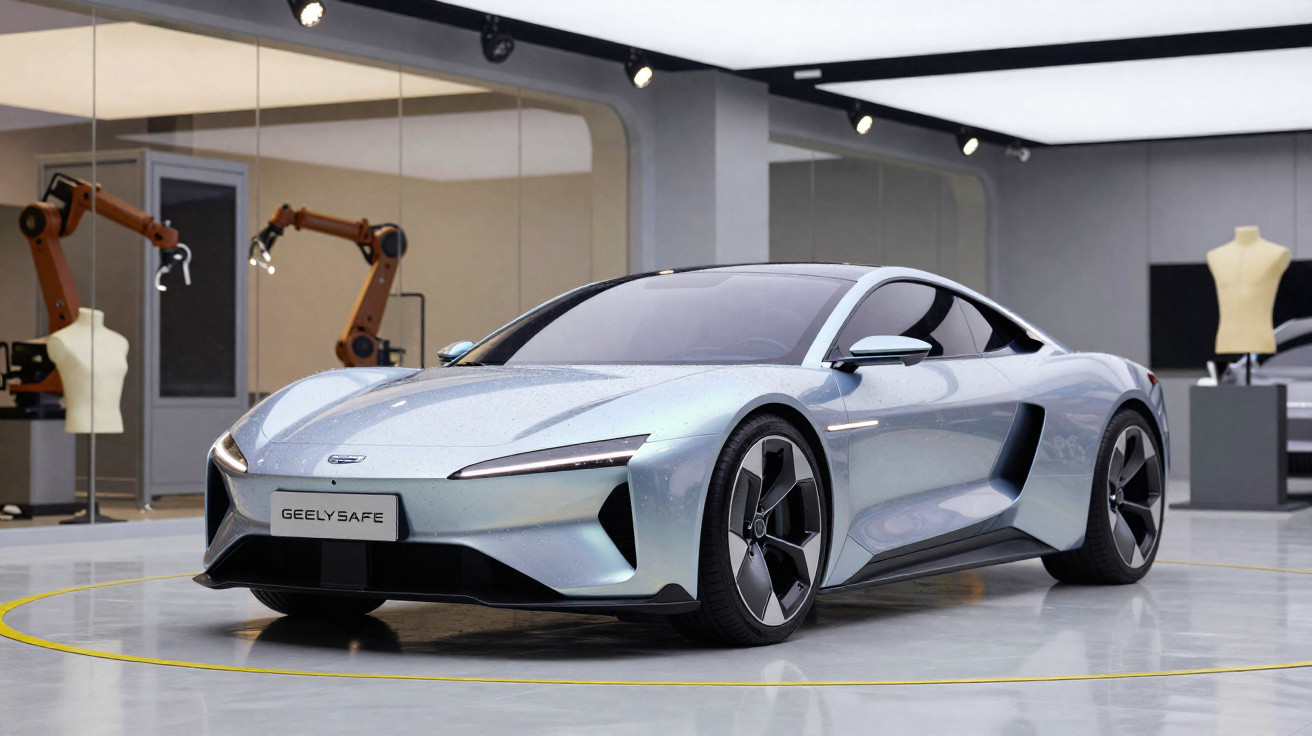 Carro esportivo prata Geely Safe em ambiente moderno com robôs industriais e manequins.
