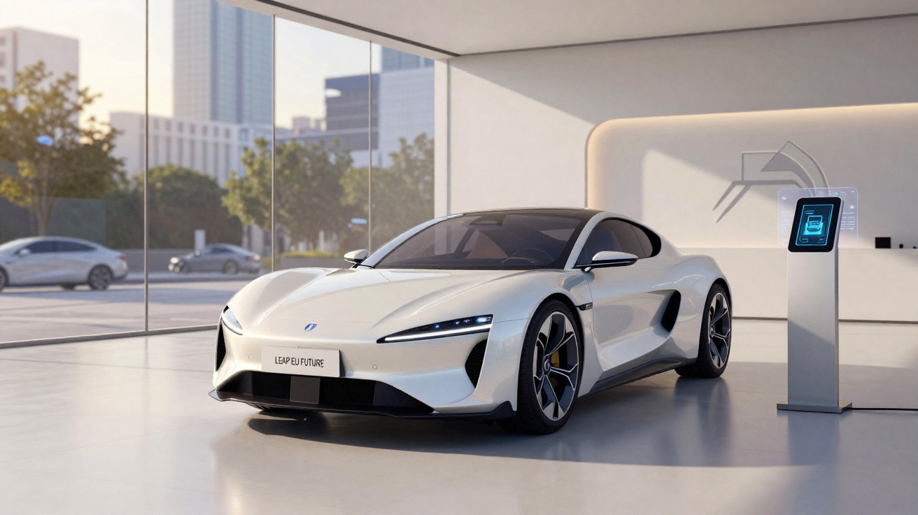 Carro esportivo elétrico branco em exposição interna, conectado a estação de recarga digital.