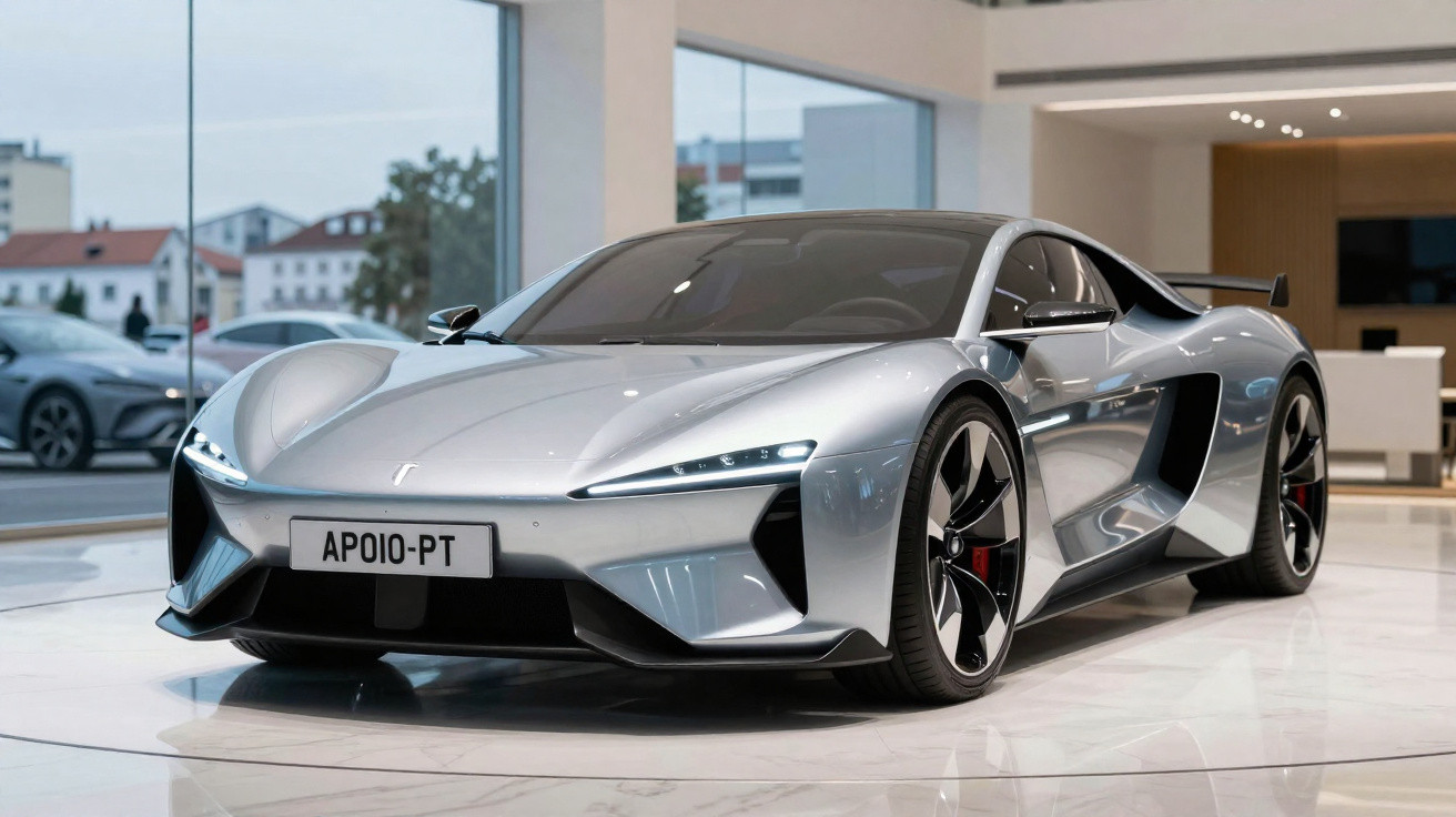 Carro esportivo prata moderno em exposição dentro de showroom com teto de vidro e piso branco.
