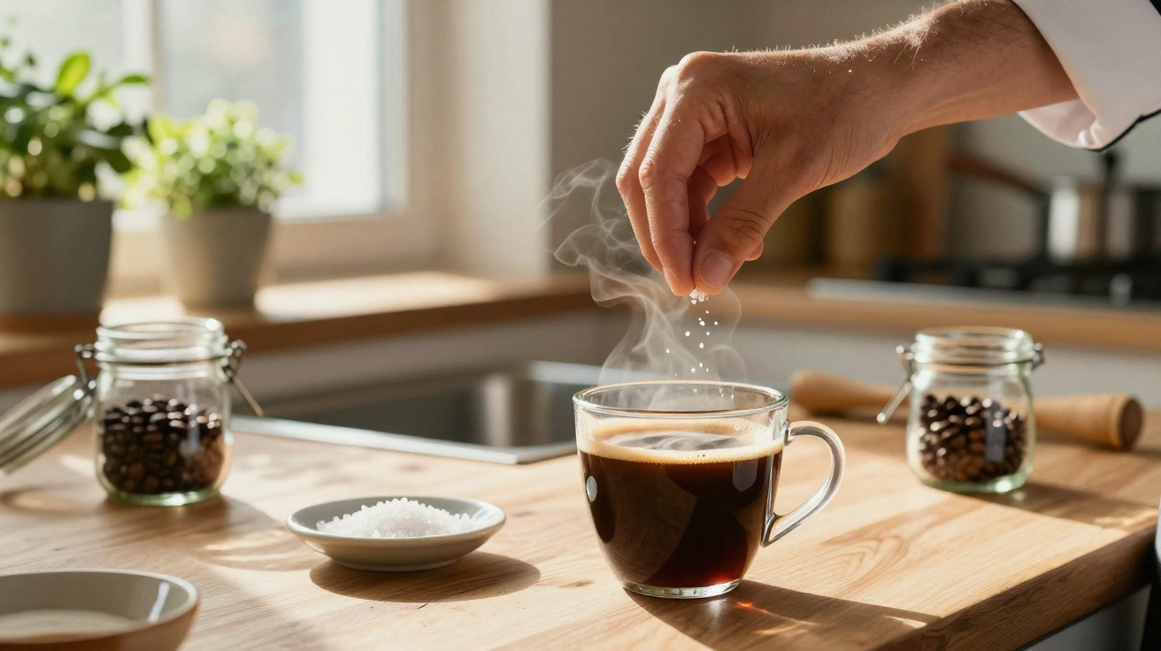 Mão adicionando sal em café quente em xícara de vidro sobre bancada de madeira na cozinha.