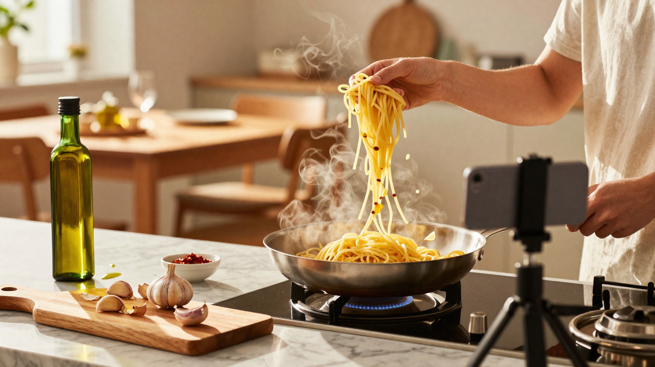 Pessoa cozinhando espaguete em panela no fogão, com alho e azeite sobre a bancada da cozinha.