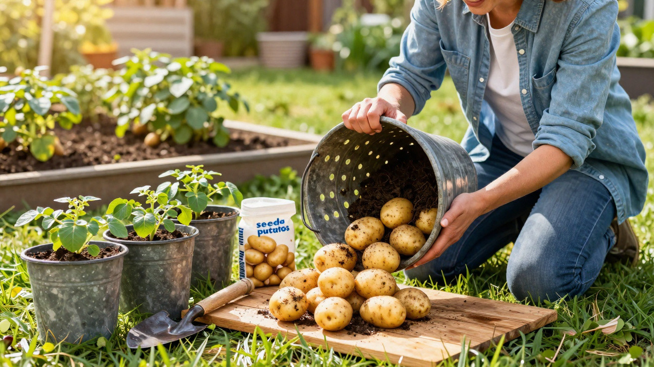 Pessoa derramando batatas frescas em tábua de madeira, plantas e ferramentas de jardinagem ao redor.