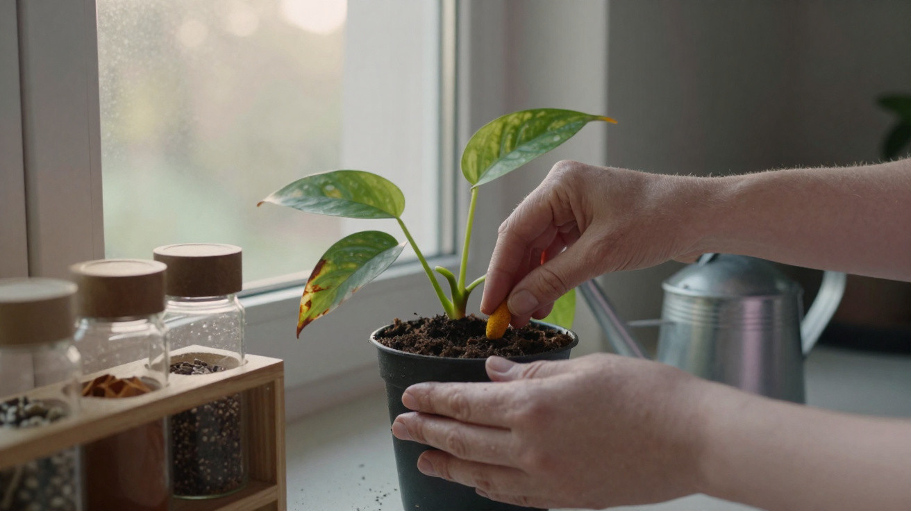 Mãos plantando semente em vaso com planta perto da janela e regador ao fundo.