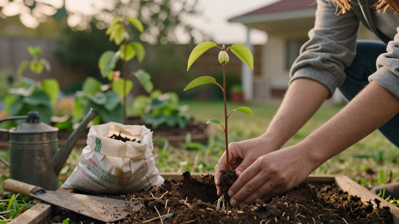Pessoa plantando muda em canteiro de terra com regador e saco de terra ao lado em jardim.