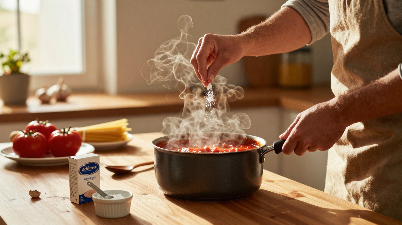 Pessoa temperando molho de tomate fervente em panela na cozinha com ingredientes ao redor.