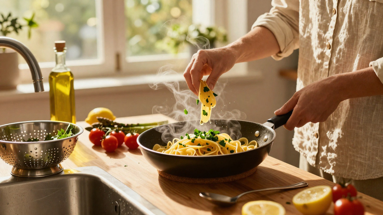 Pessoa adiciona ervas frescas a macarrão quente em frigideira na cozinha iluminada pela janela.