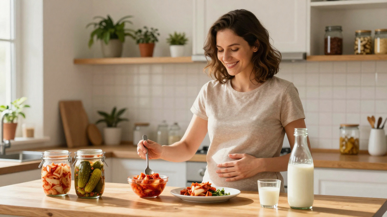 Mulher grávida sorrindo prepara salada em cozinha clara com garrafas e plantas ao fundo.