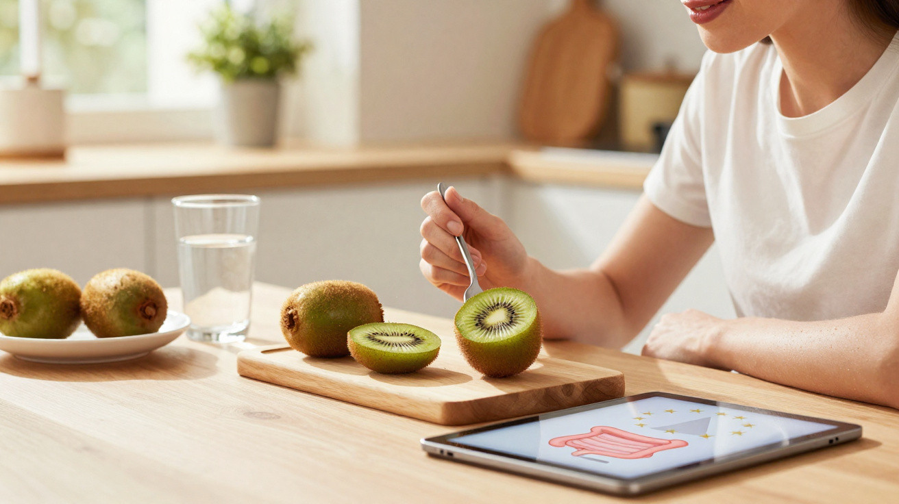 Pessoa comendo kiwi cortado ao meio em cozinha clara, com tablet e copo de água na mesa.