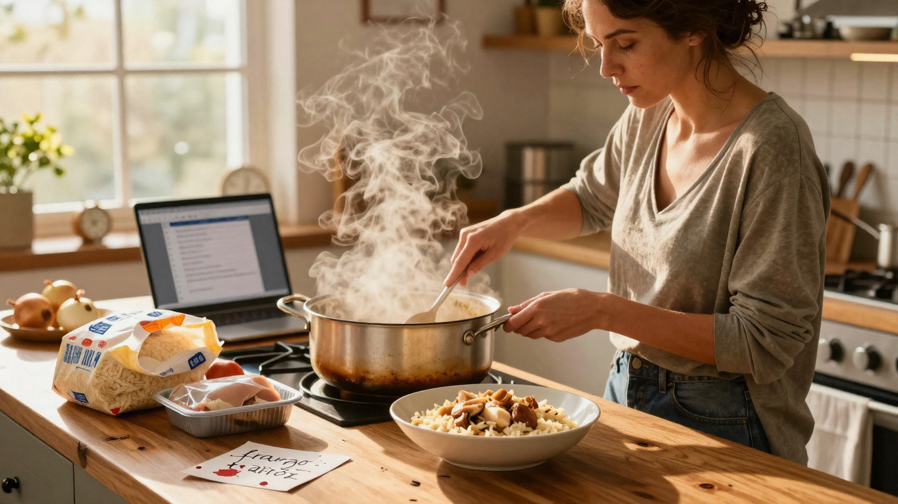 Mulher cozinhando em uma cozinha iluminada, mexendo panela com vapor e macarrão na bancada.