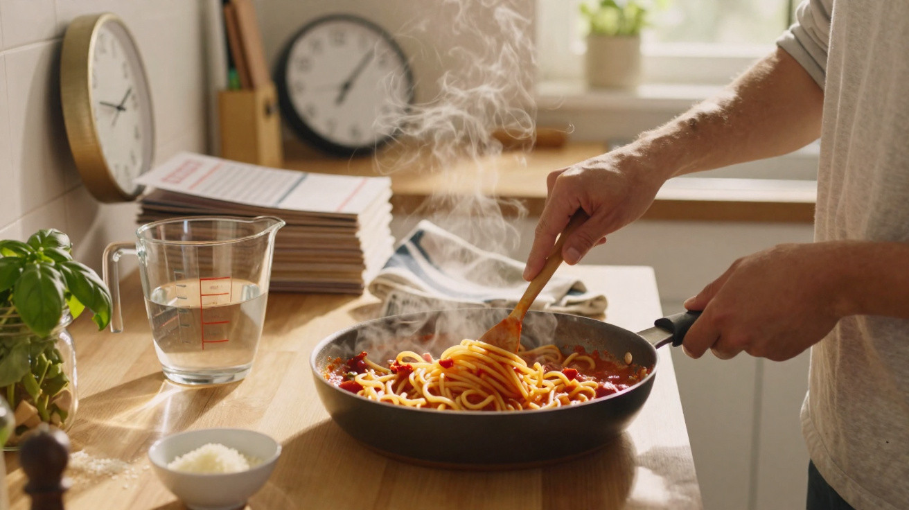 Pessoa mexendo macarrão com molho vermelho em frigideira quente sobre bancada de cozinha iluminada.