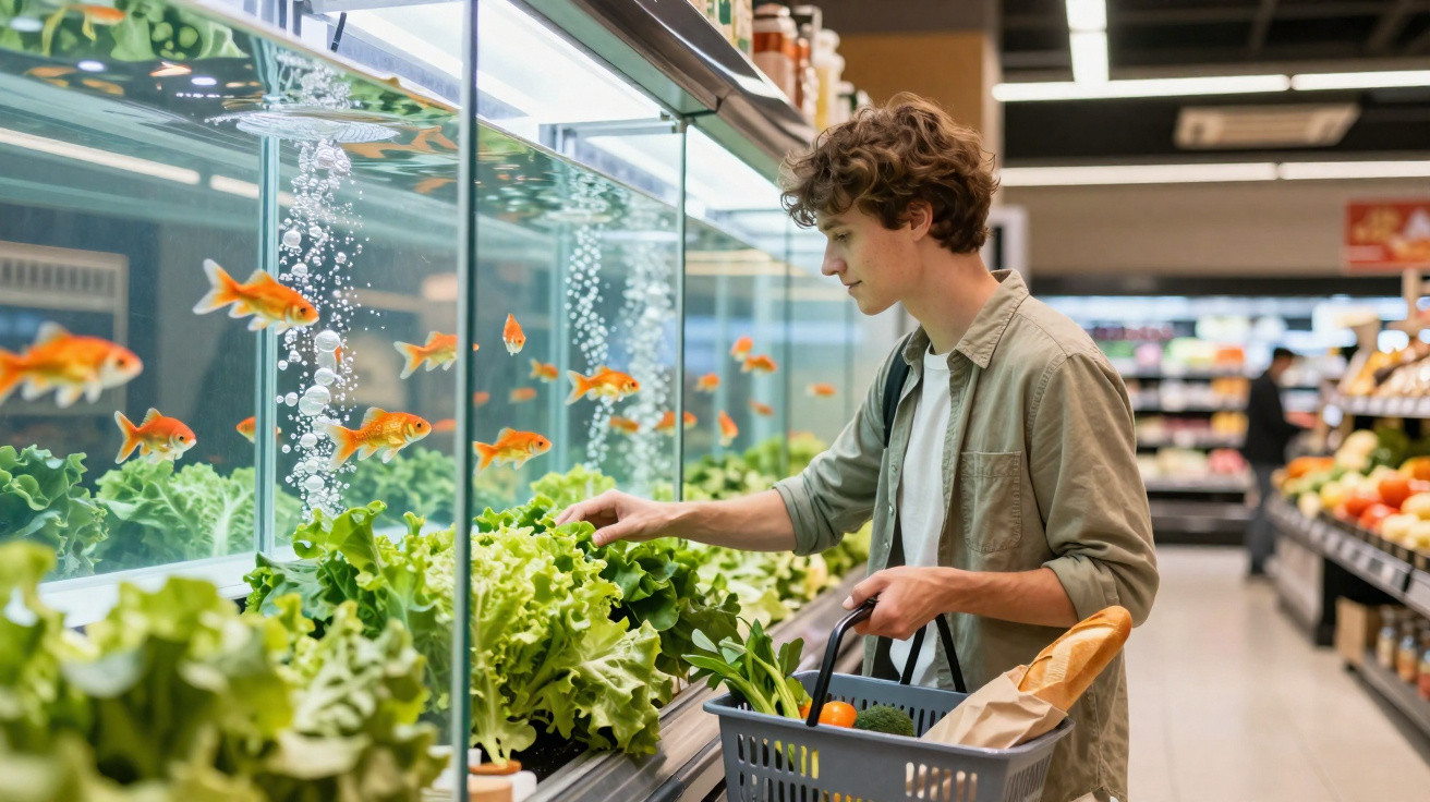 Jovem compra verduras em supermercado ao lado de aquário com peixinhos laranja em ambiente iluminado.
