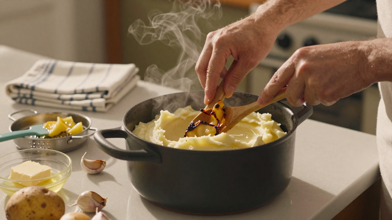Mãos mexendo purê de batata fumegante em panela preta na bancada da cozinha.