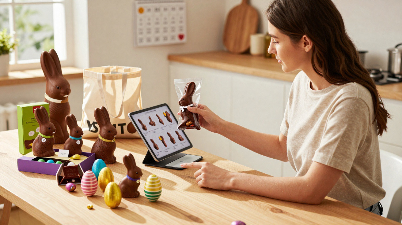 Mulher escolhendo coelho de chocolate em embalagem, com vários ovos e coelhos na mesa.