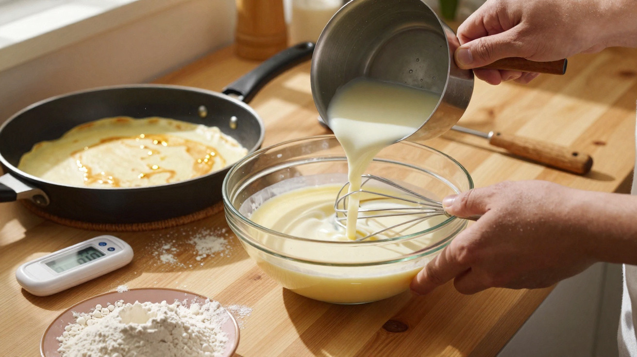 Pessoa preparando massa para panquecas, despejando líquido em bowl com misturador de arame, frigideira com panqueca e farinha