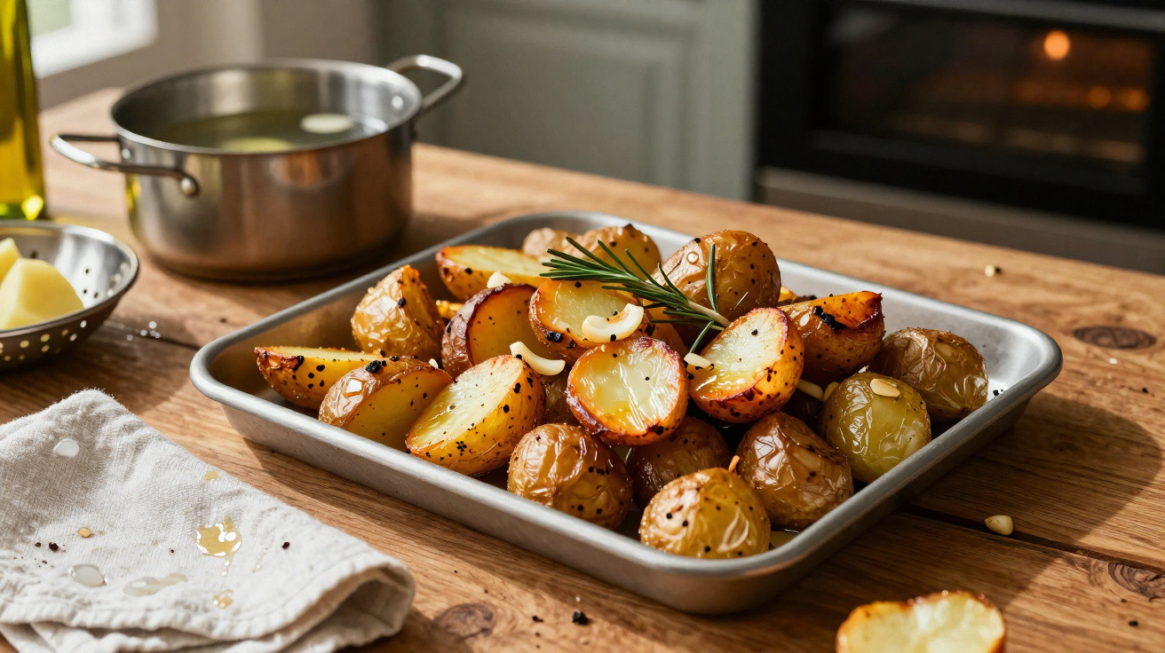 Batatas pequenas assadas com temperos e alecrim em bandeja metálica sobre mesa de madeira.